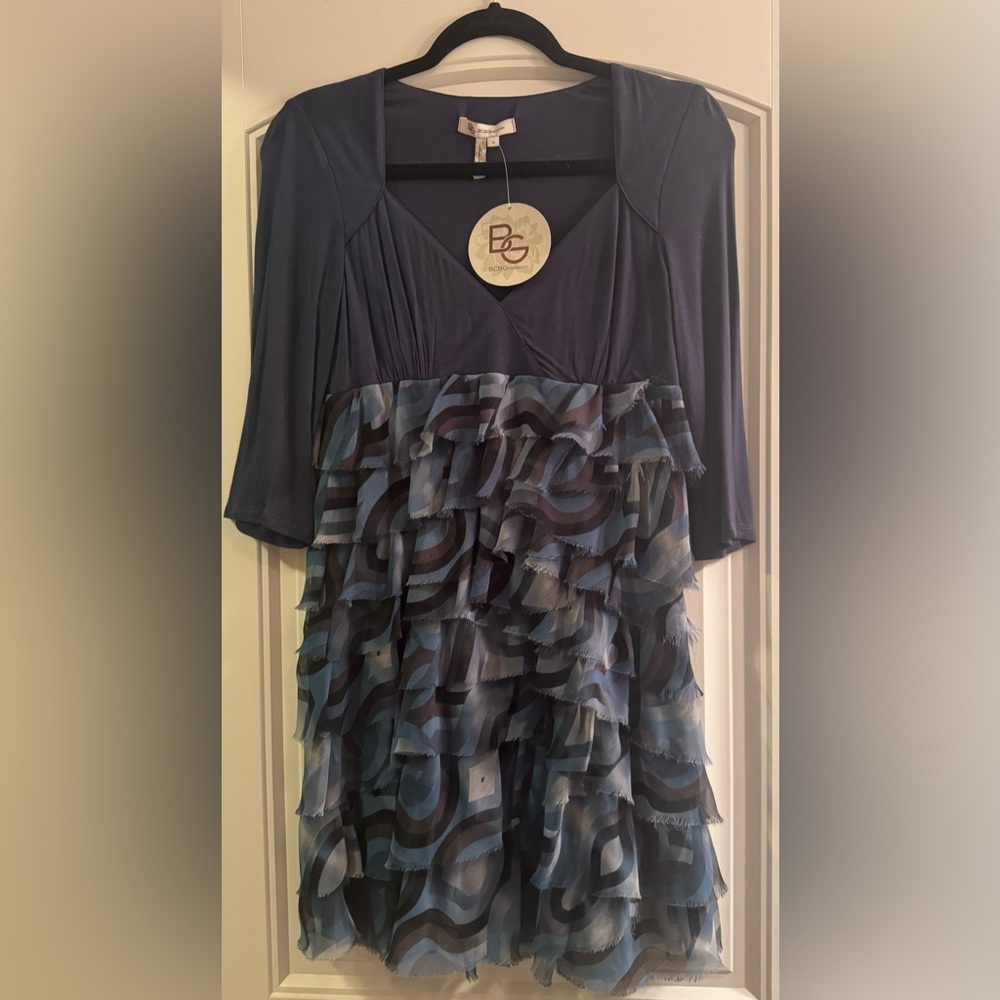 BCBG women’s ruffled blue dress Size 6 New with tags of $148.  Super cute & sexy